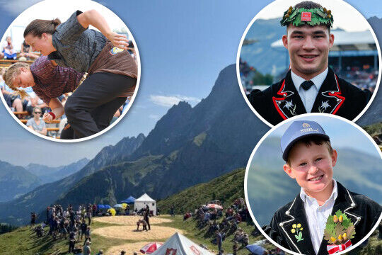 Bild Moser mit Festsieg, Walther und G&auml;umann mit Kranz, Bigler mit erstem Zweig