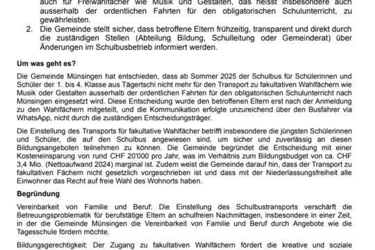 Volksmotion zur Gewährleistung des Schulbusbetriebs für Schulkinder aus Trimstein und Tägertschi für den Transport zum fakultativen Bildungsangebot